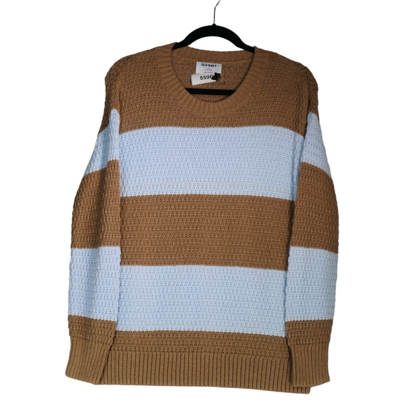 Old Navy Tunic Sweater Women Medium Blue Brown Colorblock Stripe Pretty Knit - Picture 1 of 5